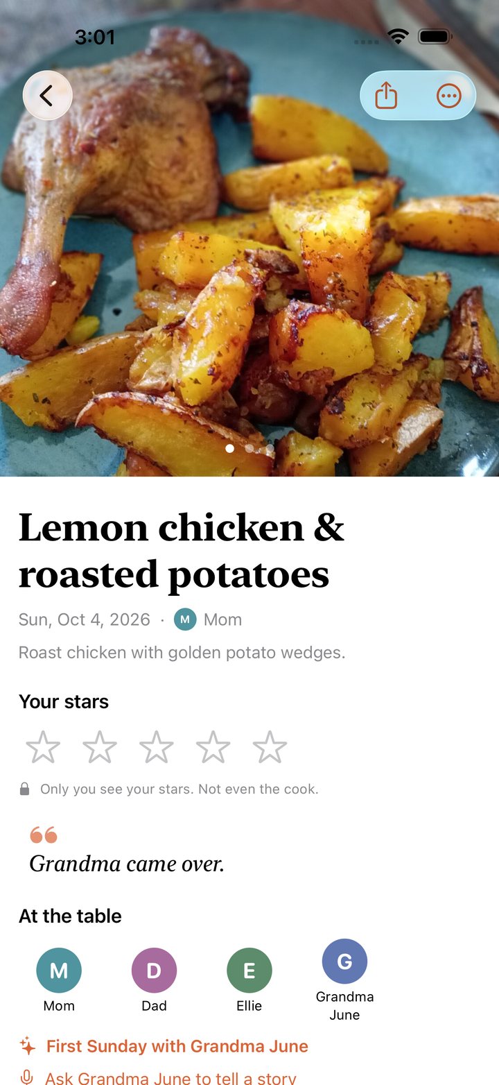 A dinner's page with its photo, your private stars, a note and who was at the table