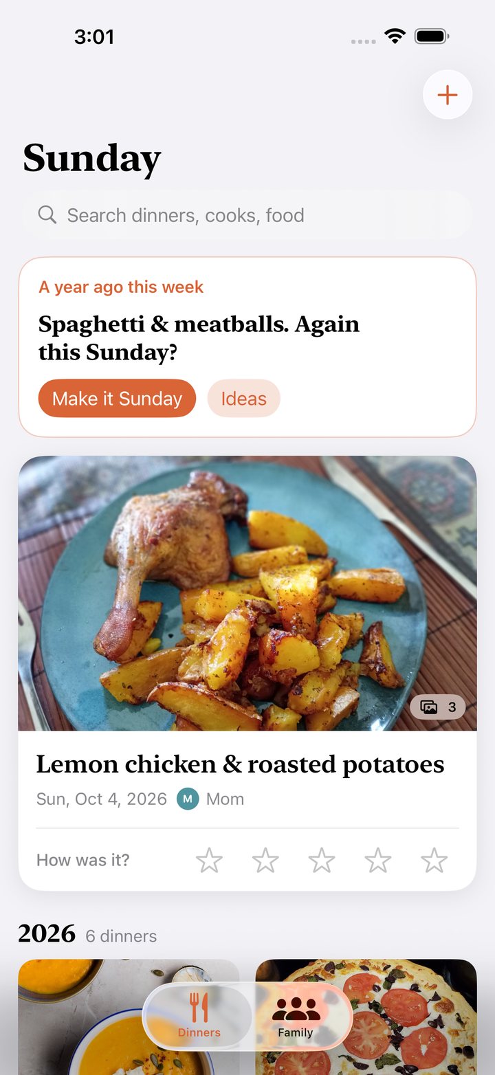 The Sunday app showing this week's dinner, lemon chicken and roasted potatoes, with a row of stars to rate it
