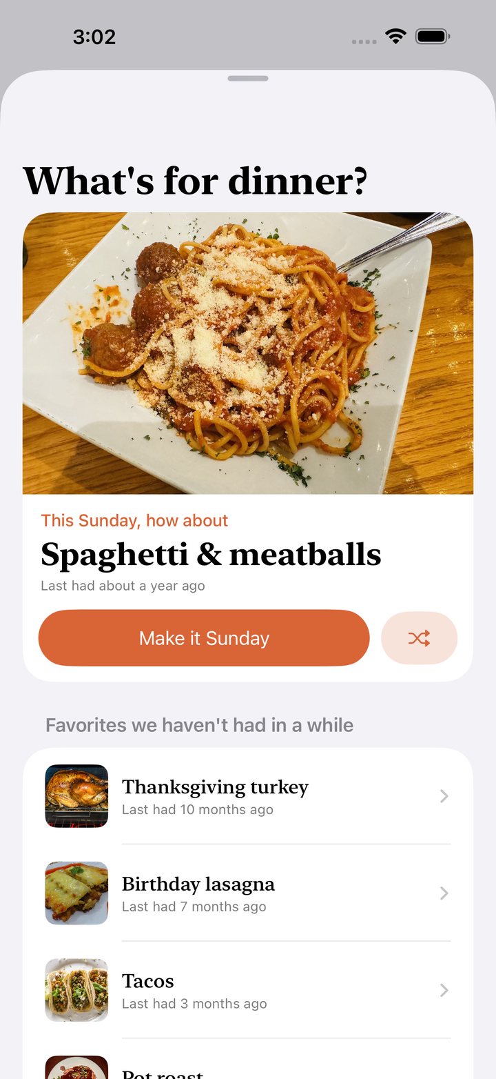 Dinner ideas: spaghetti and meatballs suggested for this Sunday, and favorites the family hasn't had in a while