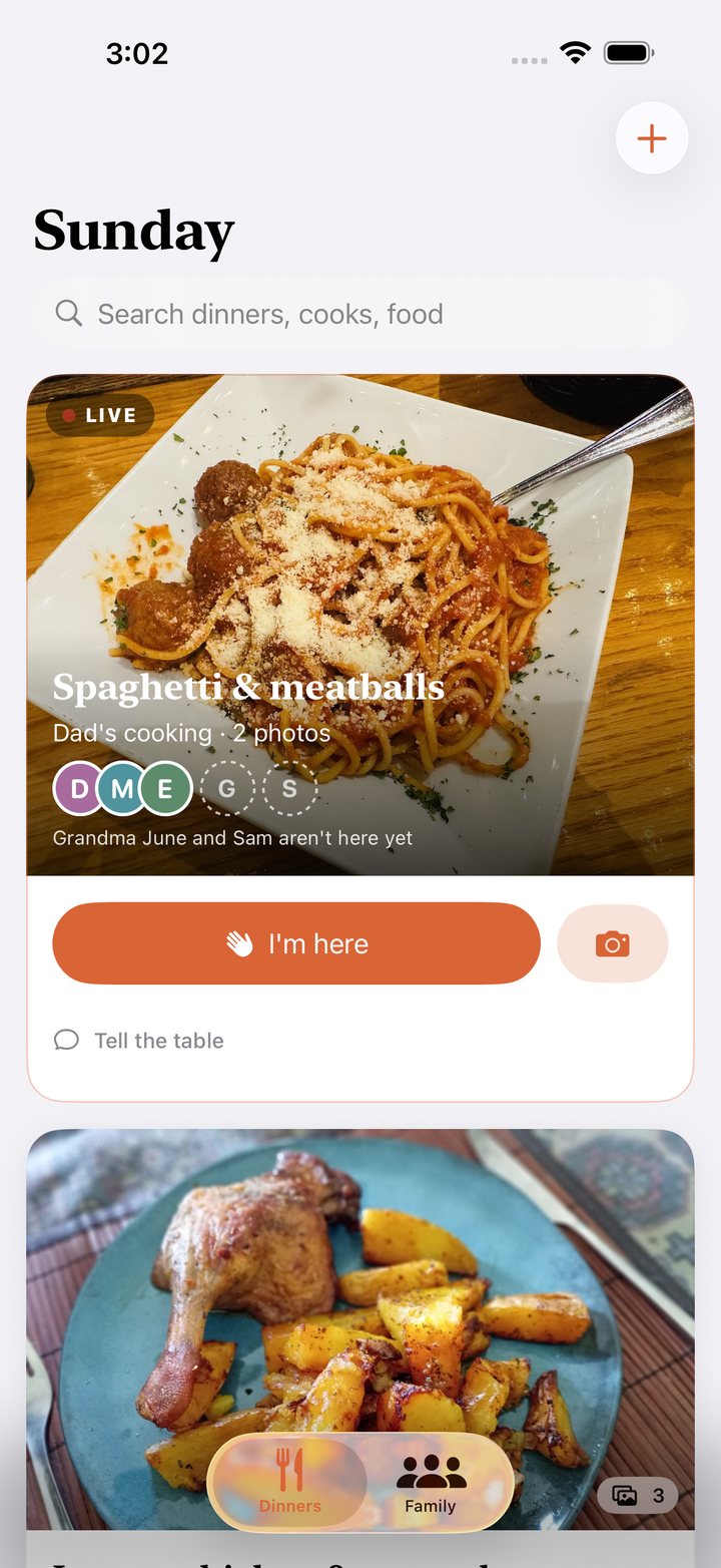 A live dinner in progress: Dad's spaghetti and meatballs, who has checked in, and an I'm here button